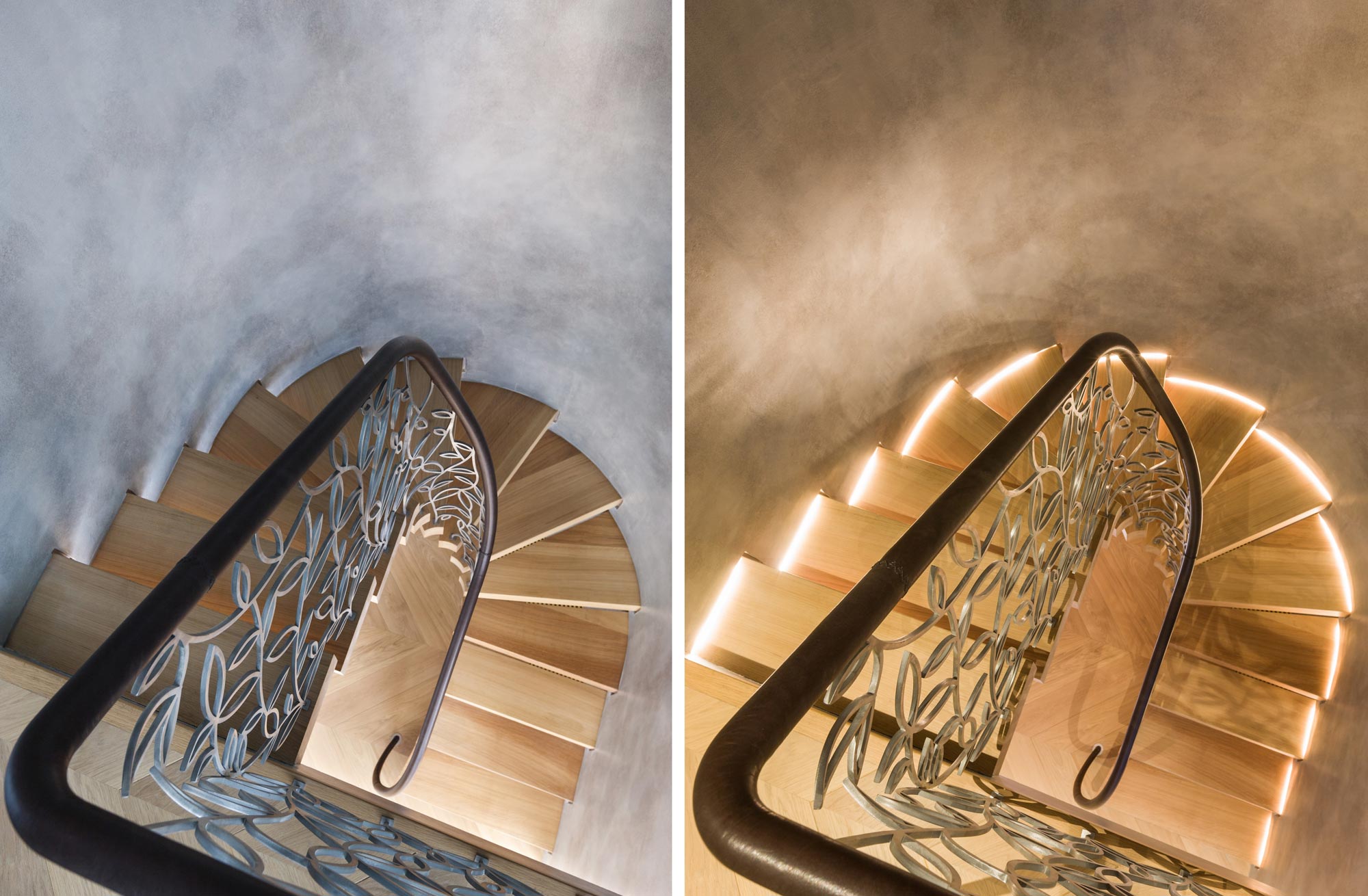 stairwell with lights on and off for warm and cold spiral staircase