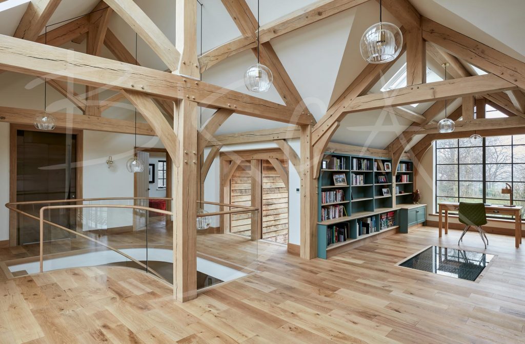 Cantilevered Oak Staircase with Oak Timber Frame Home