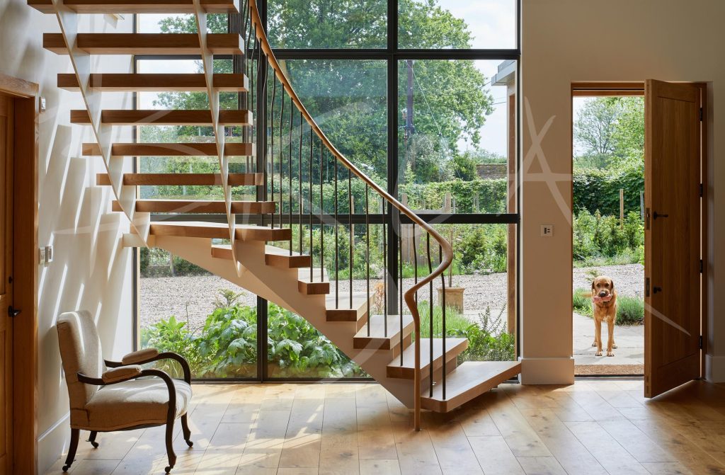 Modern winder staircase viewed from the foot