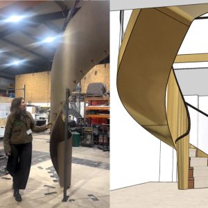 Sarah Watmore inspects her bespoke design collaboration staircase created with Bisca